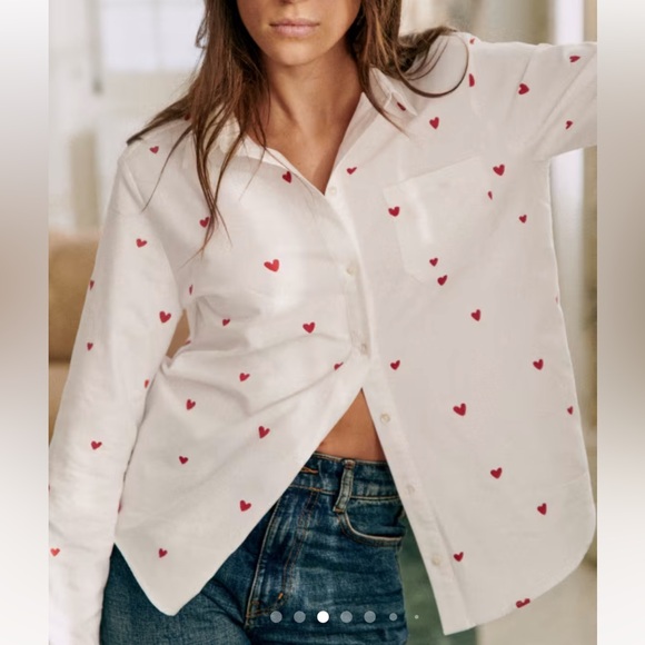 Sézane Tomboy Shirt Embroidered Red Hearts - Picture 2 of 12